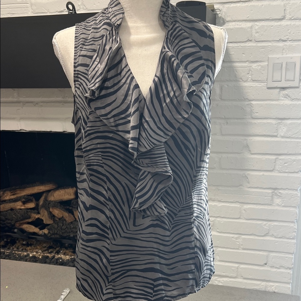 Ann Taylor Black and Gray Zebra Silk Ruffle Blouse